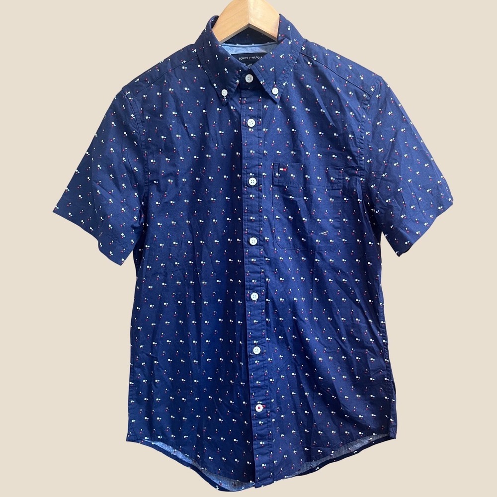 Tommy Hilfiger Button Down Shirt Mens XS Navy Blue Geometric Short Sleeve NWT